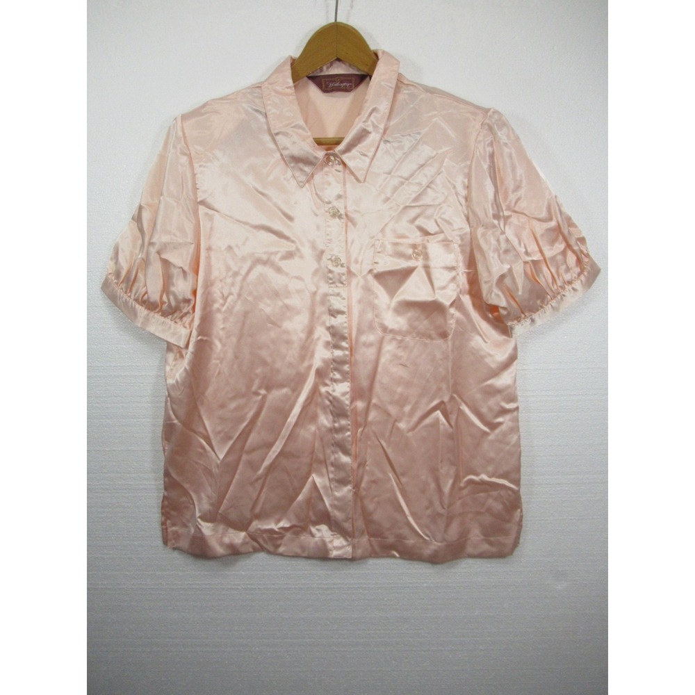 Vintage 90s Worthington Shiny Satin Secretary Blouse Women 14 Pink Short Sleeve